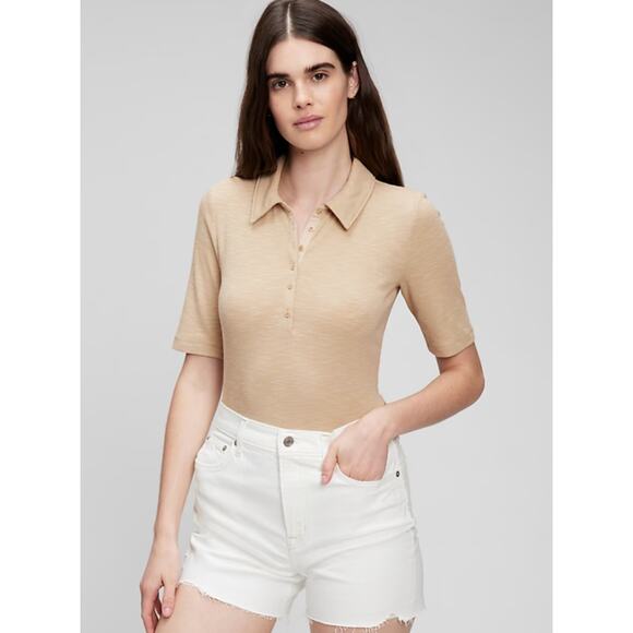 GAP Ribbed Henley Polo Tee Shirt Sz XL Wicker Beige Knit Top Short Sleeve Casual - Picture 1 of 11